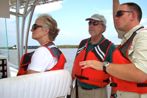 Oil spill commissioners Dr. Donald Boesch (center) and Fran Ulmer (left) visited the Louisiana gulf coast  to see the impacts of the spill first hand.