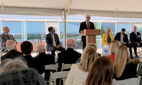 Speaking at the dedication of Davis Hall were (L-R) VIMS Dean & Director John Wells, Secretary of Education Atif Qarni; W&M President Taylor Reveley,  W&M BOV Secretary Sue Gerdelman, Secretary of Natural Resources Matthew Strickler, and VIMS Foundation President Stephen Johnsen.