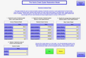 The Harris Creek Oyster Restoration Model, developed by VIMS professor Mark Brush, allows users to calculate water-quality improvements and economic value by entering data such as oyster acreage, density, and tissue weight. Click image to access model. © M. Brush/VIMS.