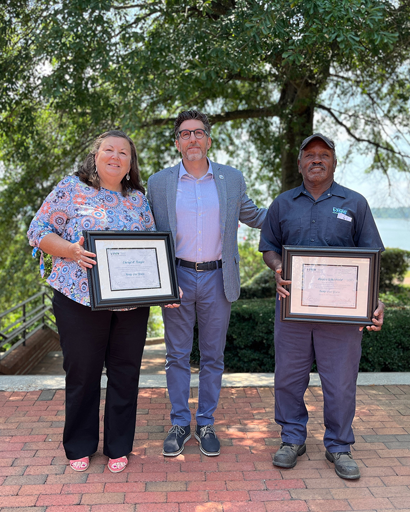 45-Year Service honorees: Cheryl Teagle and Hosier "June" Whitfield with Dean and Director Derek Aday.