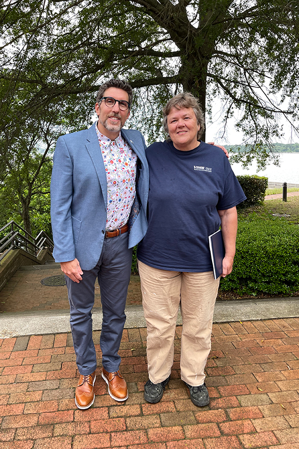 Wendy Lowery, winner of the 2021 Outstanding Employee for Technical Support, with Dean & Director Dr. Derek Aday.