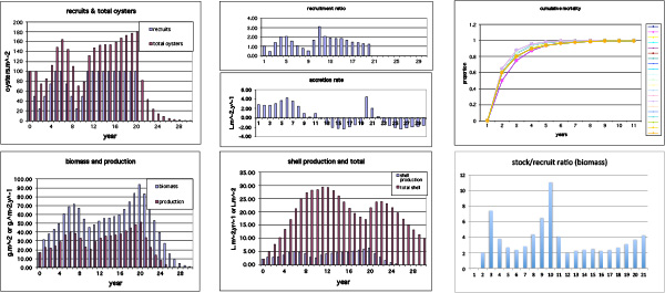 The suite of graphs allows the user to observe the interactions of the inputs on the time course of data resulting from the varying imputs. Go ahead, change a few inputs - and watch.